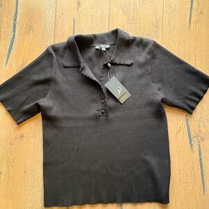 Adrianna Papell Open Neck Black Crochet Edge Collared Shirt With Buttons